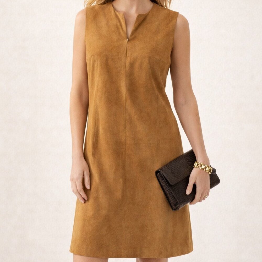Saks Fifth Avenue Leather Wool Cognac Tan Shift Dress Sz L 915